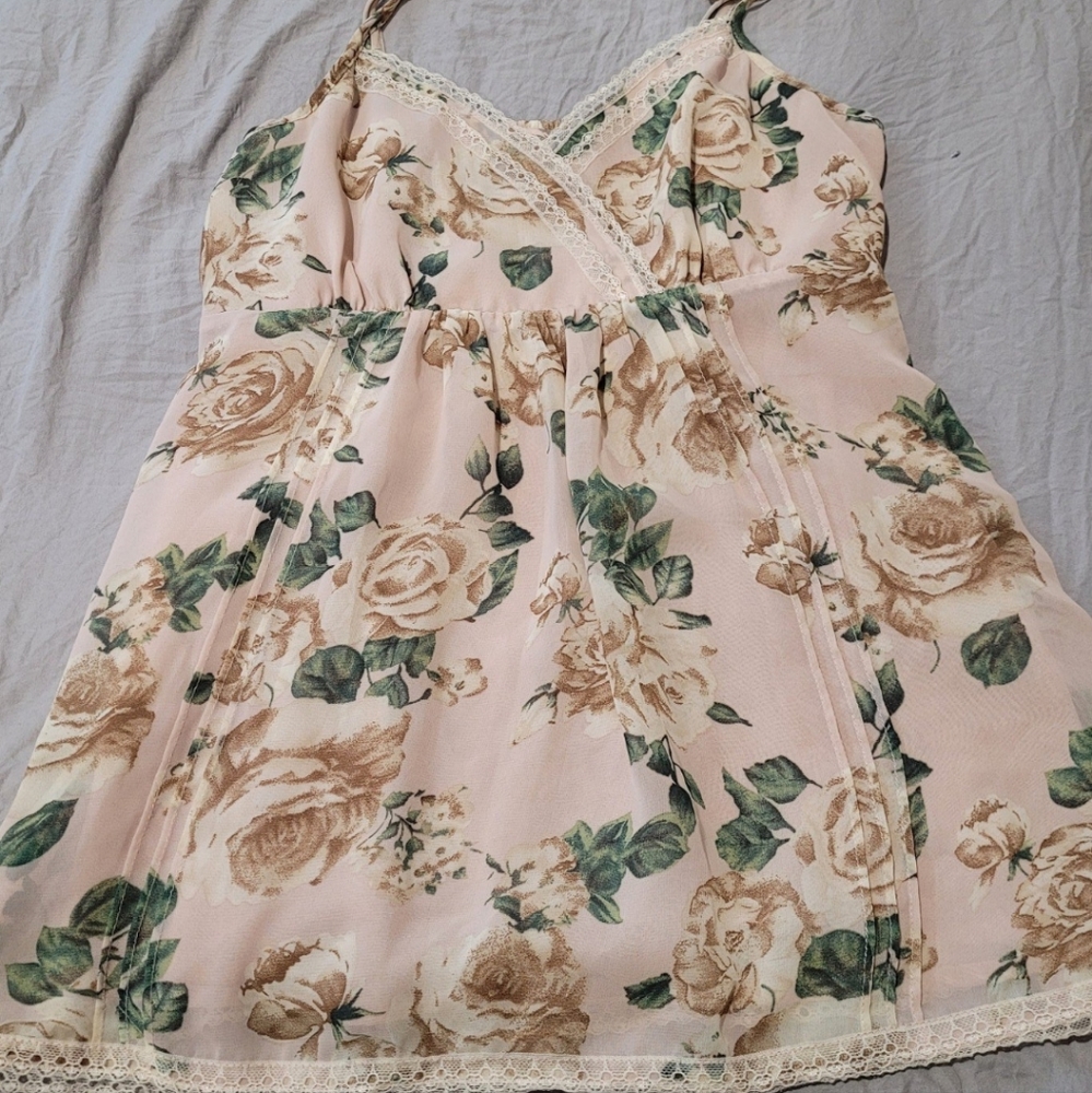 Flowy floral baby doll top Womens Sz Small Blush Pink, brown, cream, gr.